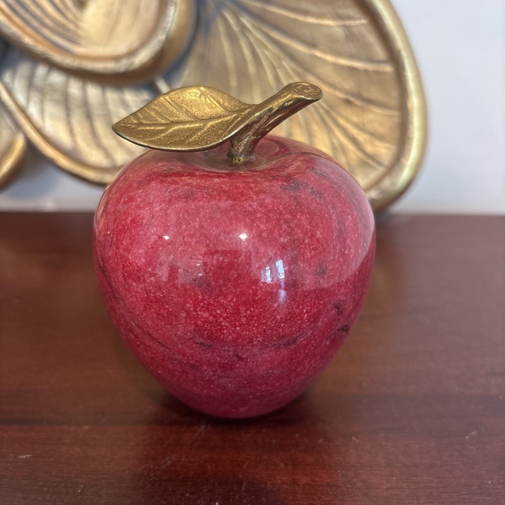 Vintage Red Marble Stone Red Apple Brass Stem Leaf Figurine Paperweight MCM